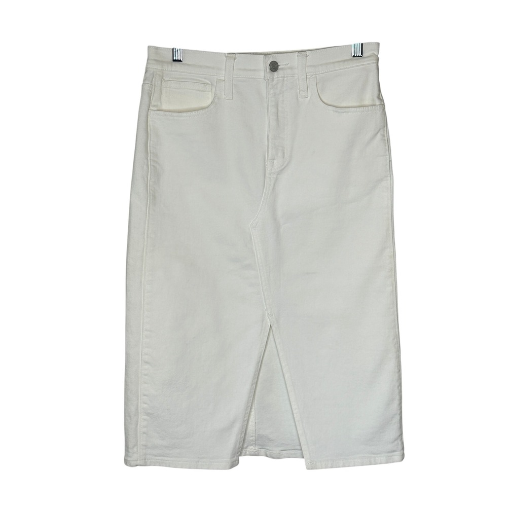 J. Crew Womens White Denim Midi Skirt Size 27 Front Slit Casual Career